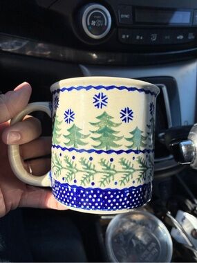 Polish pottery 
Festive Tree & Snowflake Ceramic Mug - Green and Blue